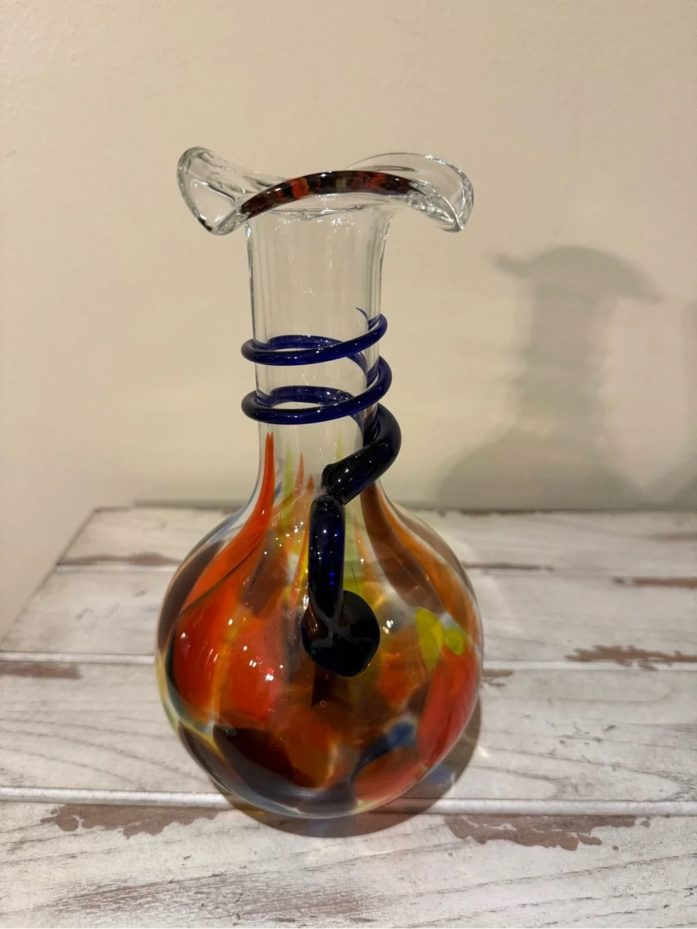 Vtg Hand Blown Art Glass Pitcher Ruffled Neck Spout Spiral Handle End Of Day